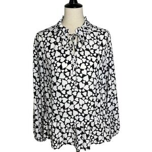 Pleione Black White Heart Print Peplum Blouse Ruffle Tie Neck Size M